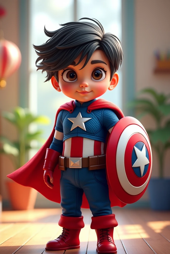 CREATE A PHOTO OF A CHILD WITH DARK EYES DRESSED AS CAPTAIN AMERICA PIXAR