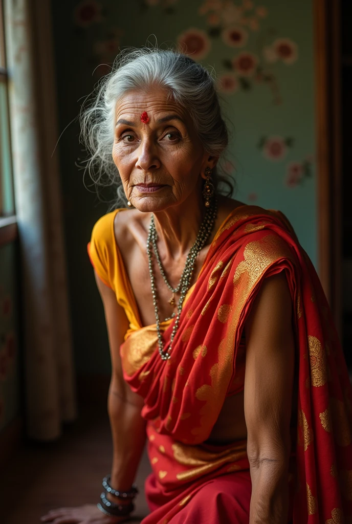 Indian aunty's showing cleavage by bending down in sarre, oversized blouse, erotic, seducing, saree, blouse, sexy facial expressions , indian traditional outfits, boobs valley, closeup photography, prime legs cinematic, professional 