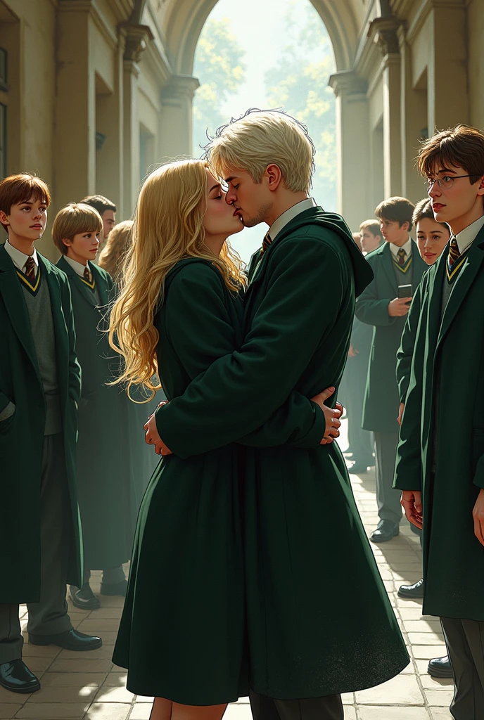 Draco Malfoy and Harry Potter kissing each other im the lips, both of them with the Slytherin uniform. Made it look more like a drawing, upthehill art style. 
They're kissing in the hallway of Hogwarts, some students look at them surprised 