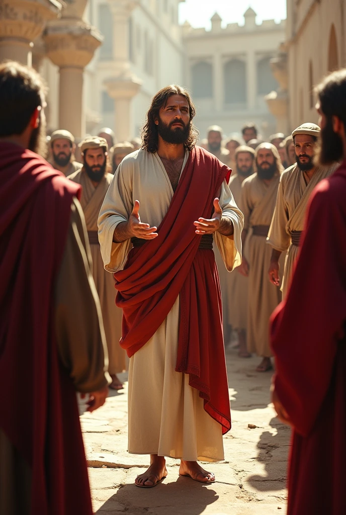 Create a scene set in the time of Jesus, where Pharisees and teachers of the Law, dressed in traditional clothing of the time, are gathered around Jesus. They are watching closely as some of Jesus' disciples eat bread without washing their hands.. Jesus is at the center, in a teaching gesture, with a serious and serene expression, speaking to the crowd surrounding him. No fundo, you can see the busy square and elements of the time, like copper vessels and jars, symbolizing the purification customs of the Jews. The crowd, composed of men, women and children, listen carefully. The setting should reflect the typical environment of ancient Judea, with an atmosphere of tension and reflection on the tradition and teachings of Jesus.