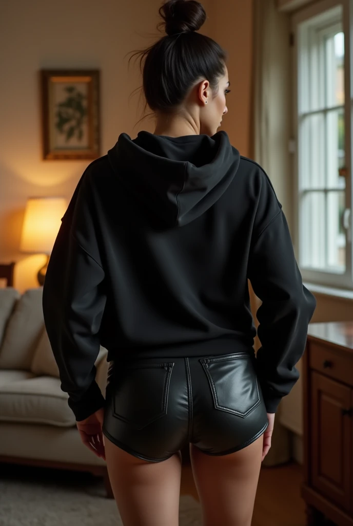 black woman hair in a bun black hoodie black leather short shorts getting fucked in the ass by a old age white grandma in a dress in a living room