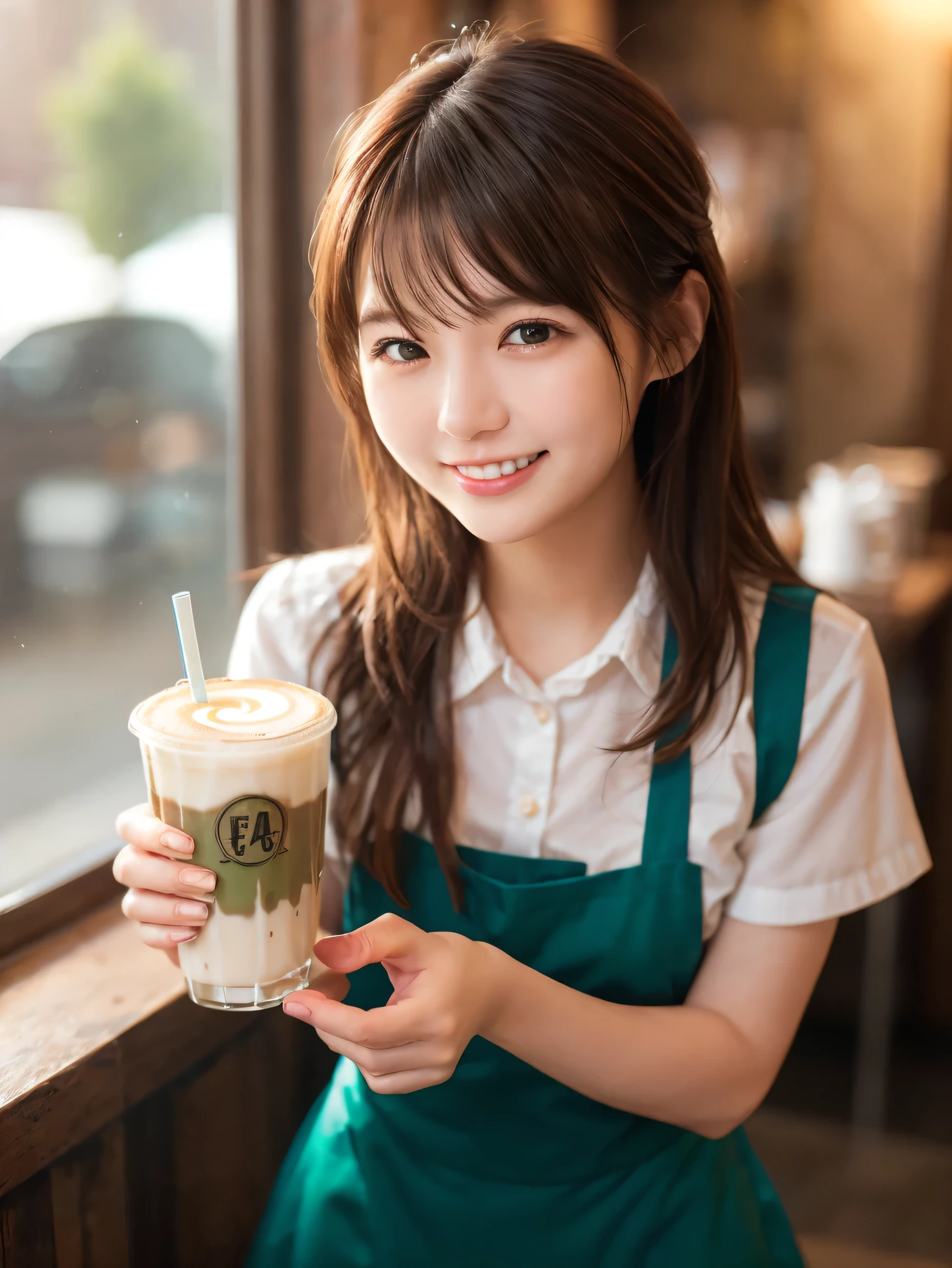 1 girl、(RAW Photos、Highest quality)、(Real、Photoreal:1.4)、Tabletop、Very delicate and beautiful、Very detailed、2k wallpaper、wonderful、Detailed、very detailedCG Unity 8K wallpaper、Super detailed、2、High resolution、(Green waitress outfit)、Long skirt、Frills、ribbon、Soft Light、Beautiful detailed girl、Cafe waitress、Medium Hair、Tied Hair、smile、Happy Face、Cafe、coffee shop、latte Art