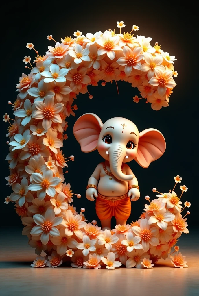 A cute, Lord Ganesh, standing next to a large, black letter “C” adorned with white and orange flowers. The background is simple dark, and the lighting is soft and warm. full hd quality picture, 32k quality images.