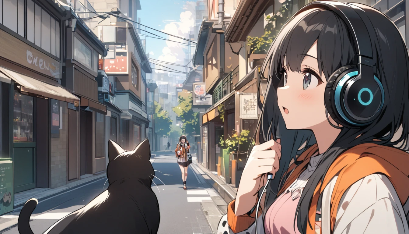 A woman with black hair and cute clothes having fun talking to a black cat,Streetscape、Listening to music with headphones、Japanese