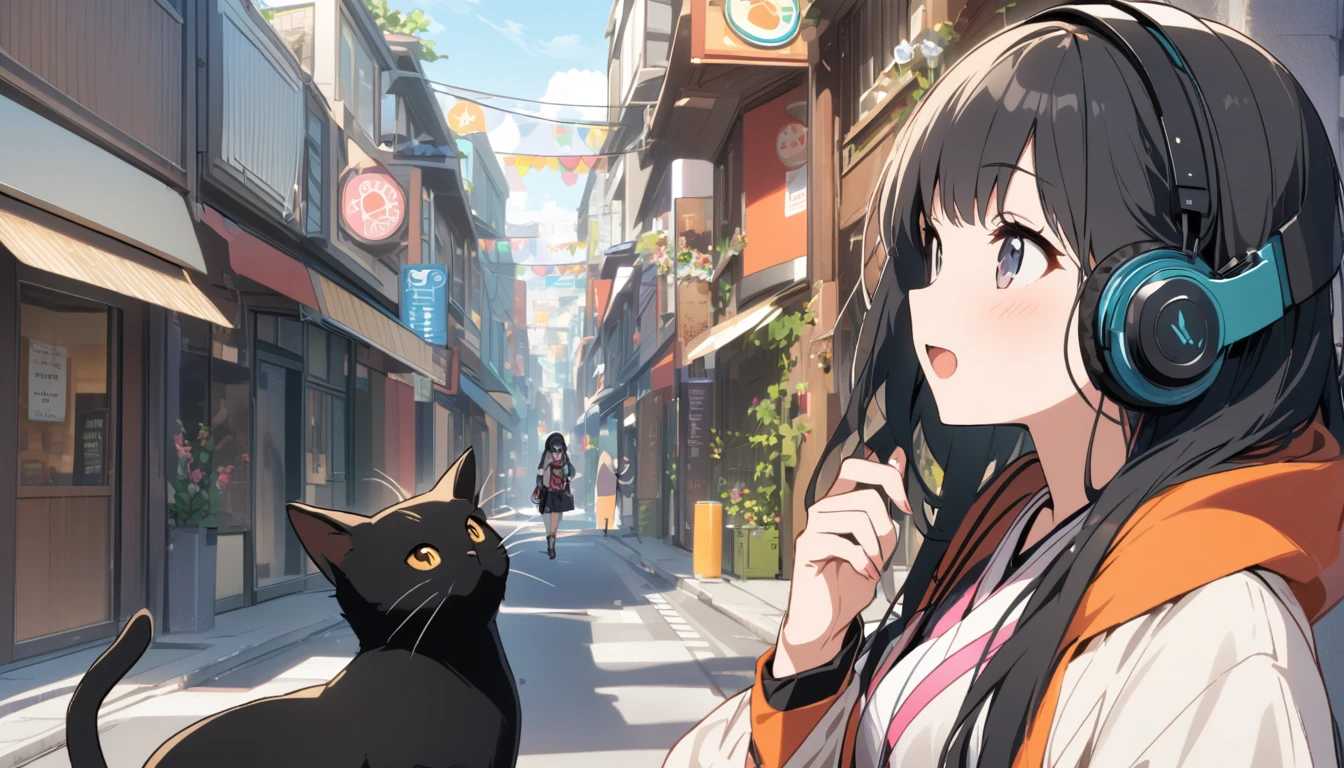 A woman with black hair and cute clothes having fun talking to a black cat,Streetscape、Listening to music with headphones、Japanese