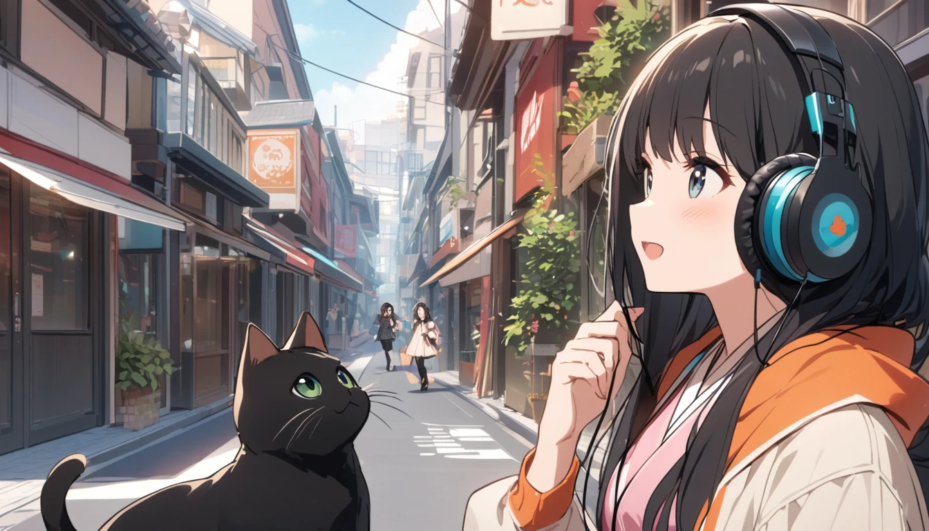 A woman with black hair and cute clothes having fun talking to a black cat,Streetscape、Listening to music with headphones、Japanese