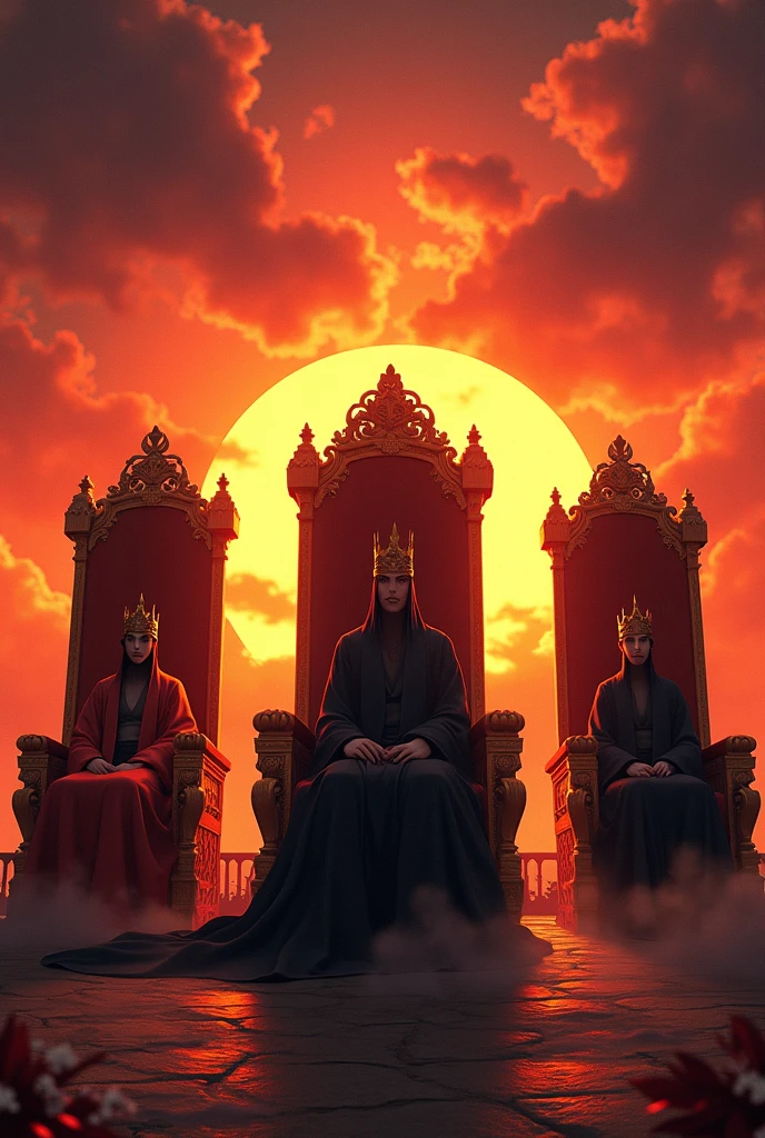 clan that called ph akatsuki has 3 members and sitting on 3 king chair and on there back ground is sun set and there wearing crown
