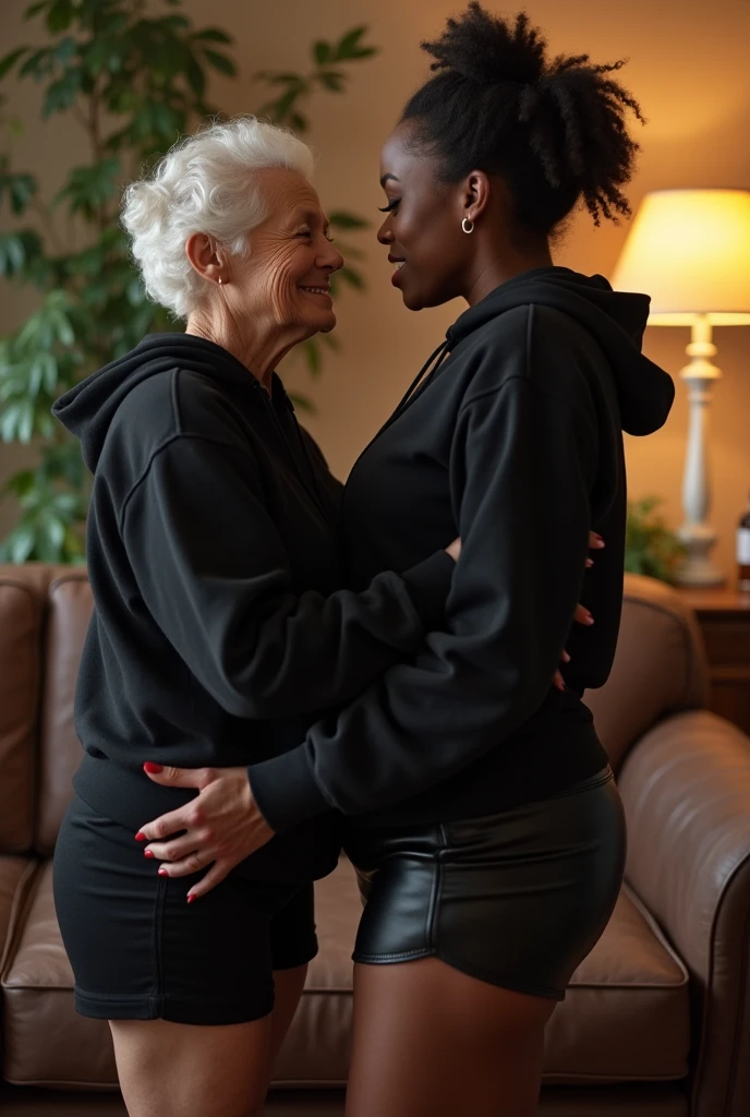 black woman hair in a bun black hoodie black leather short shorts getting fucked in the ass by a old age white grandma in a dress in a living room