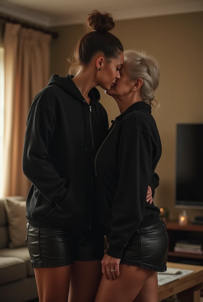 black woman hair in a bun black hoodie black leather short shorts getting fucked in the ass by a old age white grandma in a dress in a living room 