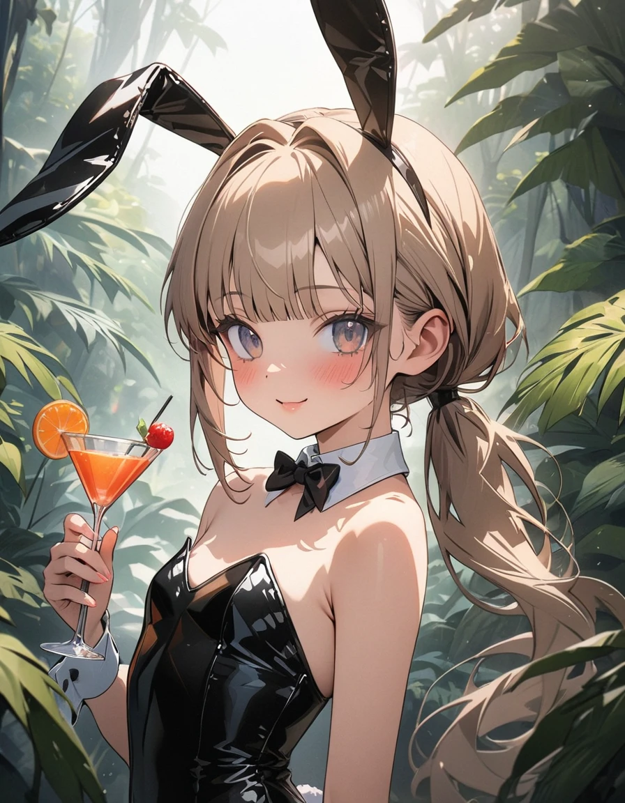 ((Masterpiece)), ((best quality)), ((wide shot)), (super detail:1.2), (High Definition:1.3), ((extremely detailed)), (8K), (Professional Photography:1.2), (very aesthetic:1.2), (absurdres:1.2), (sharp focus), (perfect light), ((kawaii)), (drop shadow), ((1girl)), ((cute teenage girl)), (hair intakes), (naughty smile and blush), (Glossy lips), upper body, (put on bunny ears), ((wearing Playboy_bunny)), (loose blunt bangs), low ponytail, pale brown hair, small breast, cute hips, BREAK, Cocktail glass in hand, (mist effect), (in subtropical rainforest), Beautiful Horizon Background, sunset, (cute cheeks), glossy lips, pouty lips, bags under the eyes, (lower eyelashes), (detailed background:1.2), newest,clear line,