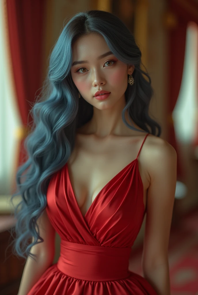 Best quality,8K,A high resolution,Masterpiece:1.2, DSLR, 16k ),Ultra-detailed,(Realistic,Photorealistic,photo-realistic:1.37),Portrait, Creative style artwork, Historical, classical, Sophisticated, plethora of colors ,Highly detailed, Soft lighting, luxurious environment , there is young woman , girl wearing a red silk classy royal dress, performing a music video, slim fit (oval perfect shape, asymmetrical face structure, perfect proportion, almond eye type, hazal eye color, detailed eyes, blue hair color, 32 inch breasts, hourglass figure, slim body, pale white skin tone ,sexy girl, 2, soft wavy hair, looking away, attitude expression, professional makeup, pink lips, standup girl, big hip