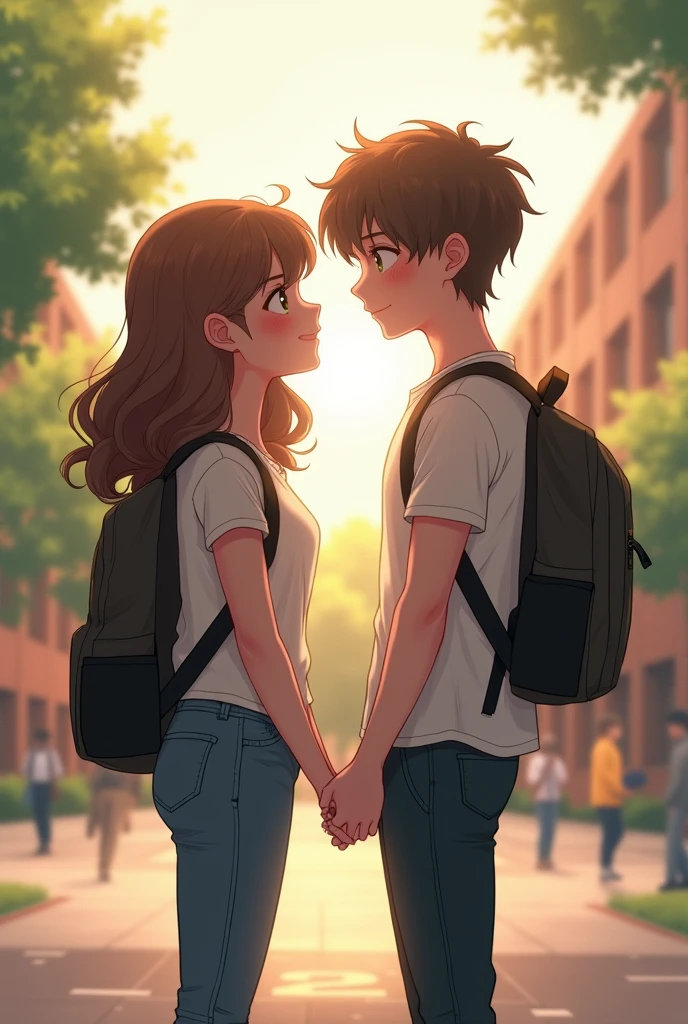 two high school students,a blush,a smile,on the high school campus