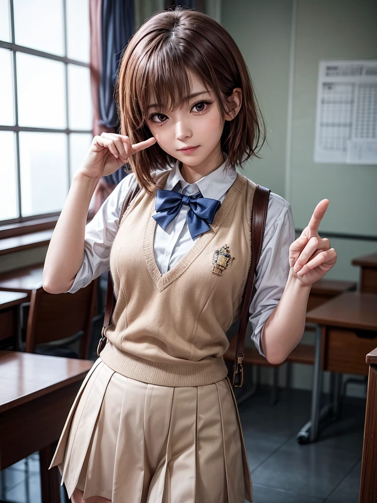 Masterpiece, Top Quality, Top Mikoto, brown eyes, short hair, small breasts, looking at viewer, alone, closed mouth, collared shirt, beige knit vest, dark blue  Skirt, school_uniform, shirt, white_shirt, classroom,Masterpiece, highest quality, 8K, detailed skin texture, fine cloth texture, beautiful detailed face, intricate details, super detailed,cute,cute posing,composition that shows the whole body, brown hair,Pointing a finger like a gun, aiming straight ahead, gun hand sign, detailed finger