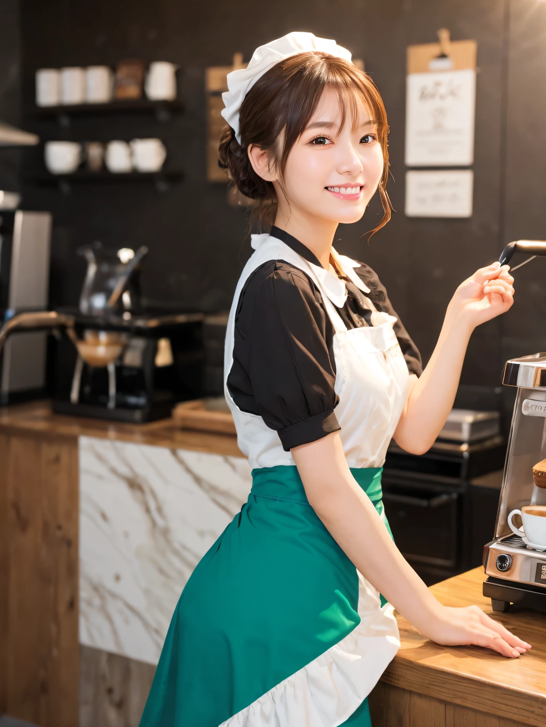 (Super beautiful)、(beauitful face:1.1)、Coffee shop salesperson、Clear pubic contours,spreads her legs、Green apron、(Black panties:1.1)、(Coffee Shop Uniforms)、Inside the coffee shop、(At SFW:1.1)