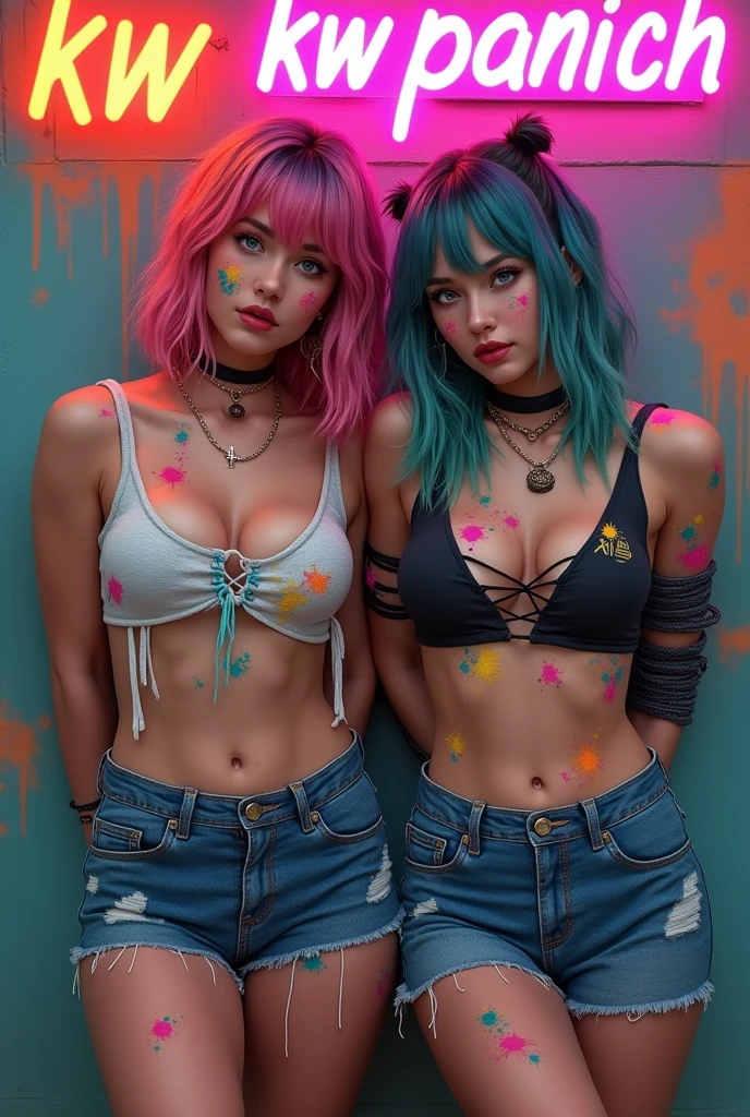 Photo realistic , best quality, 2 girl, crop top, denim shorts, choker, paint splatter, arms behind back, wall paint text"KW PANICH", looking at viewer, armband, thigh strap, paint on body, head tilt, smile, multicolored hair, aqua eyes, headset,((( big hips, very big breast))), sign led"KW PANICH".