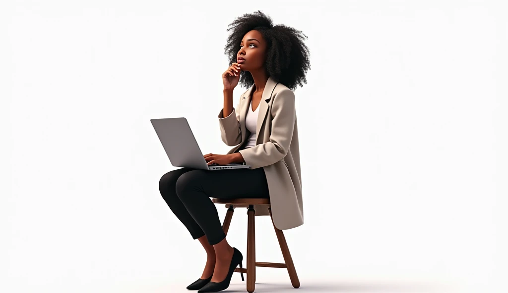 A stylish black girl with curly hair a semi-professional outfit sitting on a stool with a laptop on her lap. She gazes thoughtfully to the upper left. The background is white, emphasizing her confident and contemplative pose