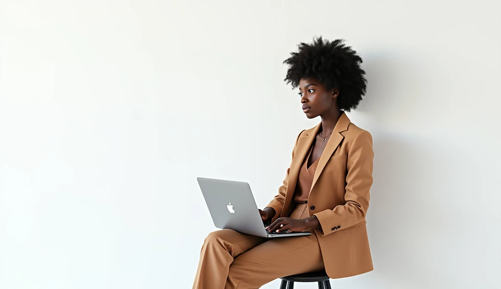 A stylish black girl with curly hair a semi-professional outfit sitting on a stool with a laptop on her lap. She gazes thoughtfully to the upper left. The background is white, emphasizing her confident and contemplative pose