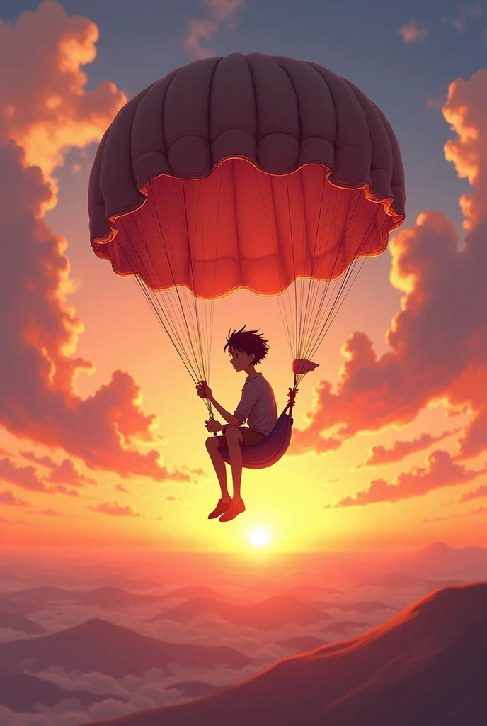 An older boy sits on a flying parachute and contemplates a beautiful sunset sky.