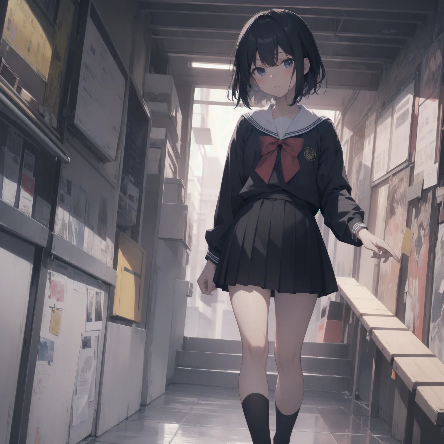 ultra-absurdres-Top quality by artist God, ultra-detailed, high resolution, anime moe artstyle, best anime 8k konachan wallpaper, pixiv contest winner, pool:2810, perfect anatomy,break, 1girl, (Please draw a girl walking sleepily to school alone. )break,(Solo,little female,15yo:1.3),Full limbs, ,a junior high school student, (very short hair), short cut, flat chest, , small butt, small black eyes, beautiful detailed eyes, well-proportioned iris and pupils, expressive eyes, highres detailed hair, soft expression, salor school_uniform, sailor collar, serahuku, bow, pleated skirt,(Detailed Lighting), (Detailed background), in the School commute route. break,super detailed skin, Best cinematic lighting powered by famous artist, 8k,beauty illustration,photoshop_(medium),very aesthetic,break,((artist:matsuryuu )), artist:clamp ,artist:carnelian ,artist:kantoku ,