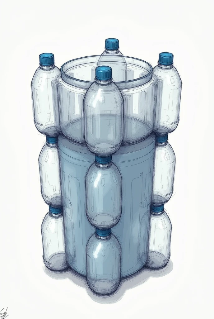 Make me a blueprint sketch for making a trash can from used plastic bottles with plastic added in the middle as a container for trash.