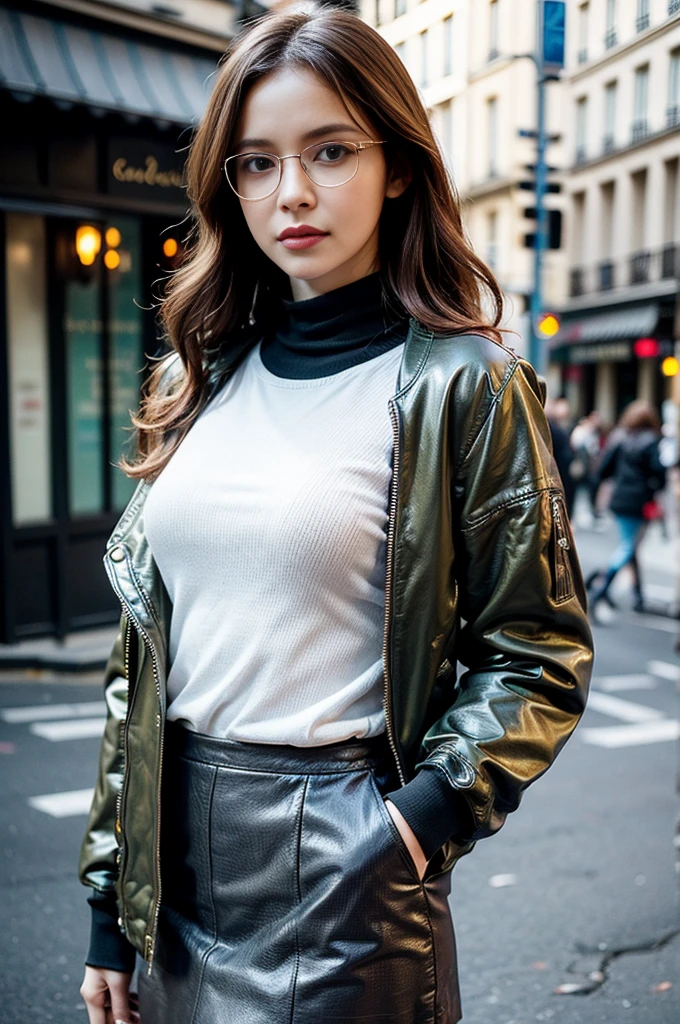 Photo of a beautiful woman standing on a street corner, (masterpiece:1.2, highest quality), (Realistic, photoRealistic:1.4), Beautiful illustrations, (Natural Side Lighting, Cinema Lighting), Written boundary depth, Beautiful thighs staring at the viewer, (((Face Focus, Upper Body))), 1 female, 30-year-old, alone, thin, slender, small breasts!!!, short hair, curly hair, Forehead, thin, slender, (((glasses))), wearing a turtleneck and long jacket, Skinny skirt, Are standing, Paris on a clear day with park in the foreground, portrait