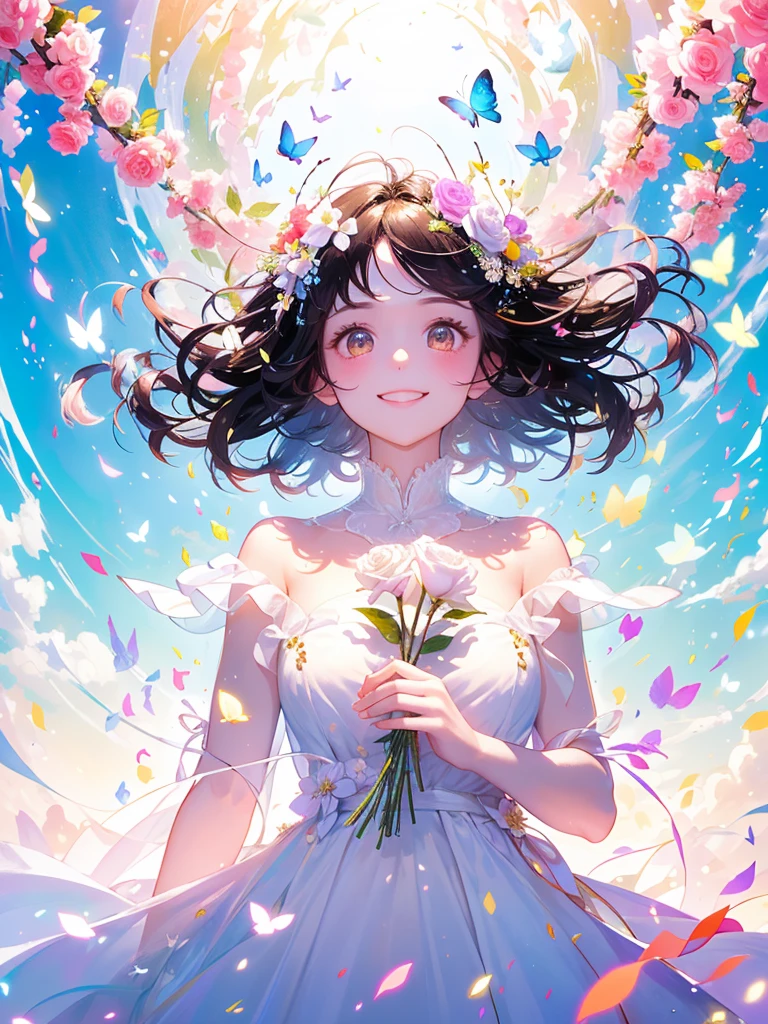 (masterpiece、Highest quality、Highest quality、Beautiful and beautiful:1.2)、(Perfect Anatomy:1.2)、Milky white straight hair girl、Butterfly Fairy、Floral costume、A radiant smile、Looking up at the sky、pray。、Flowers and leaves on head、Rose flowers blooming profusely、Rose Garden