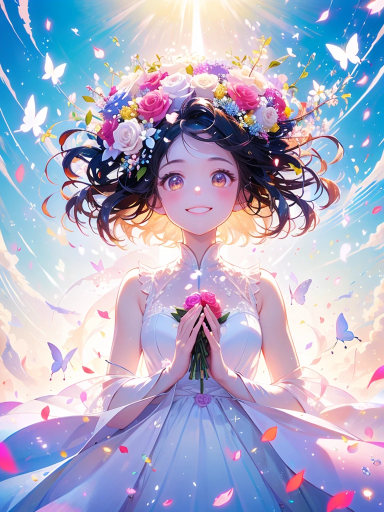 (masterpiece、Highest quality、Highest quality、Beautiful and beautiful:1.2)、(Perfect Anatomy:1.2)、Milky white straight hair girl、Butterfly Fairy、Floral costume、A radiant smile、Looking up at the sky、pray。、Flowers and leaves on head、Rose flowers blooming profusely、Rose Garden