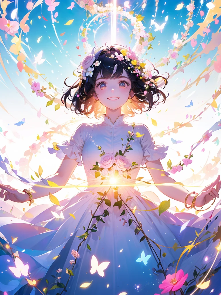 (masterpiece、Highest quality、Highest quality、Beautiful and beautiful:1.2)、(Perfect Anatomy:1.2)、Milky white straight hair girl、Butterfly Fairy、Floral costume、A radiant smile、Looking up at the sky、pray。、Flowers and leaves on head、Rose flowers blooming profusely、Rose Garden
