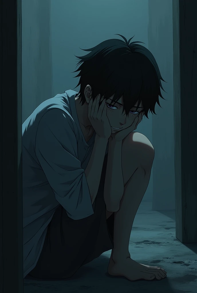 anime. anime man, traumatized in a corner, anime.