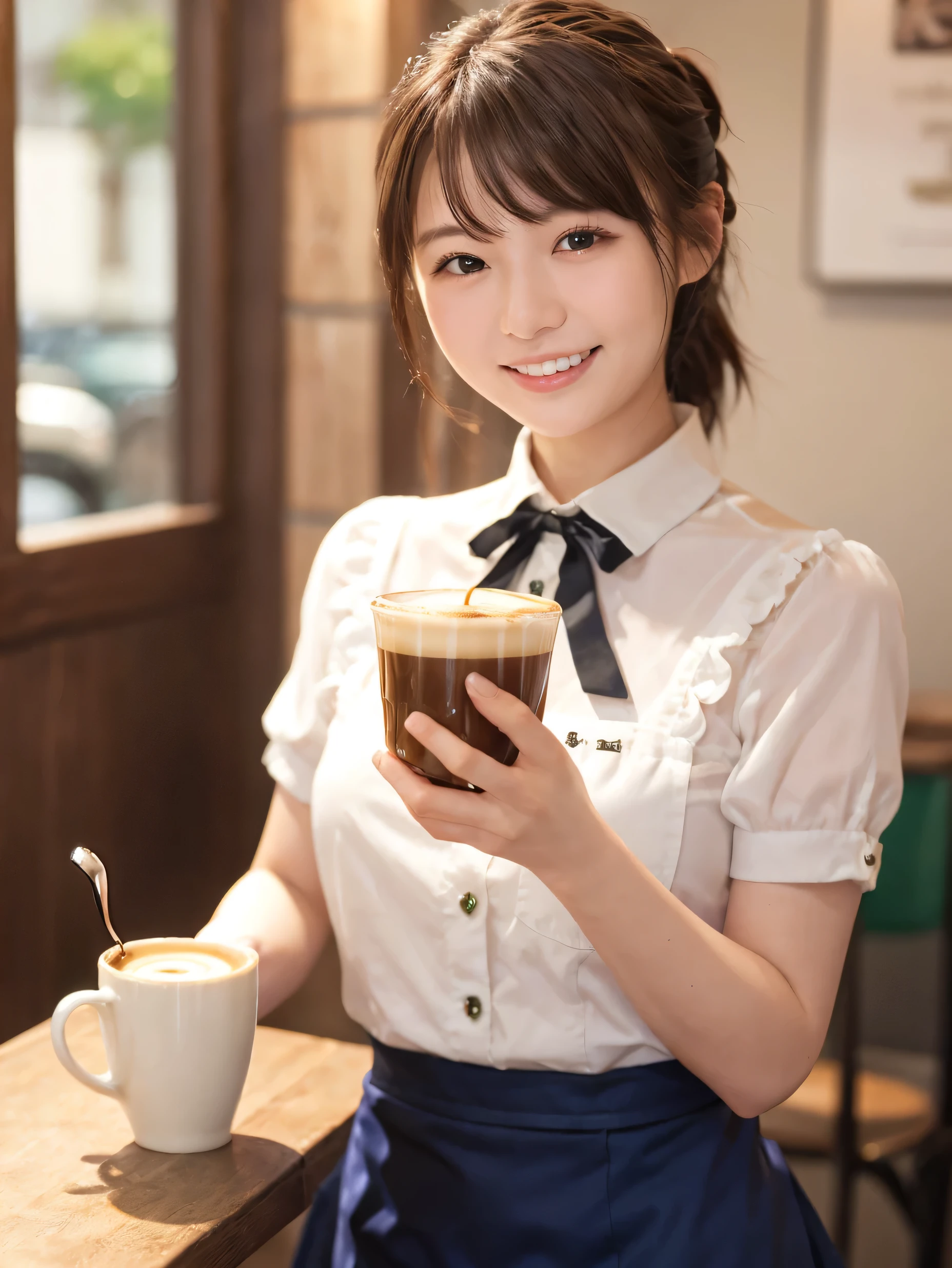 1 girl、(RAW Photos、Highest quality)、(Real、Photoreal:1.4)、Tabletop、Very delicate and beautiful、Very detailed、2k wallpaper、wonderful、Detailed、very detailedCG Unity 8K wallpaper、Super detailed、2、High resolution、(Green waitress outfit)、Long skirt、Frills、ribbon、Soft Light、Beautiful detailed girl、Cafe waitress、Medium Hair、ponytail、smile、Happy Face、Cafe、coffee shop、latte Art