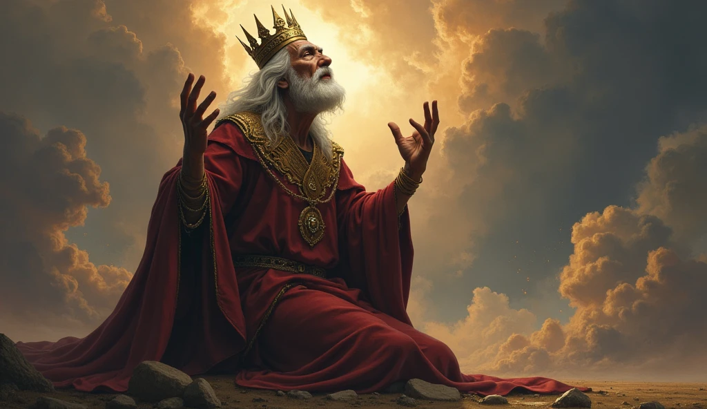 The elderly King Solomon kneeling and crying out to heaven