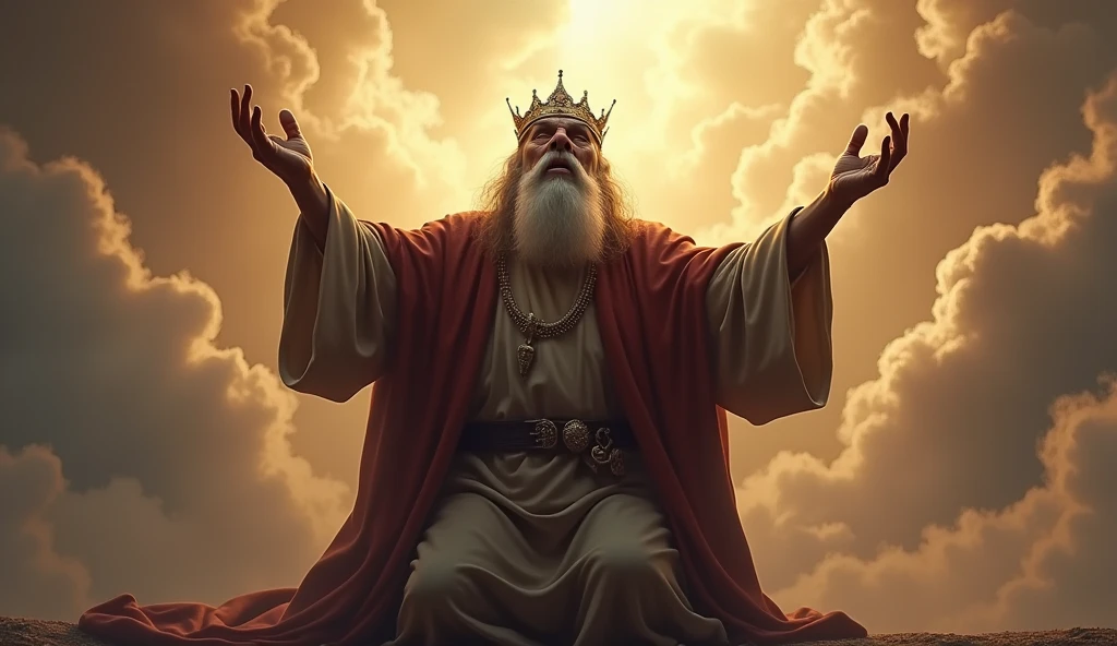 The elderly King Solomon kneeling and crying out to heaven 
