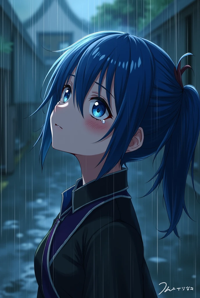 short hair, has a ponytail on the side, blue hair color, blue eyes color, white skin color, crying in the rain head looking up,while wearing the uniform of a demon slayer,kimetsu no yaiba style
