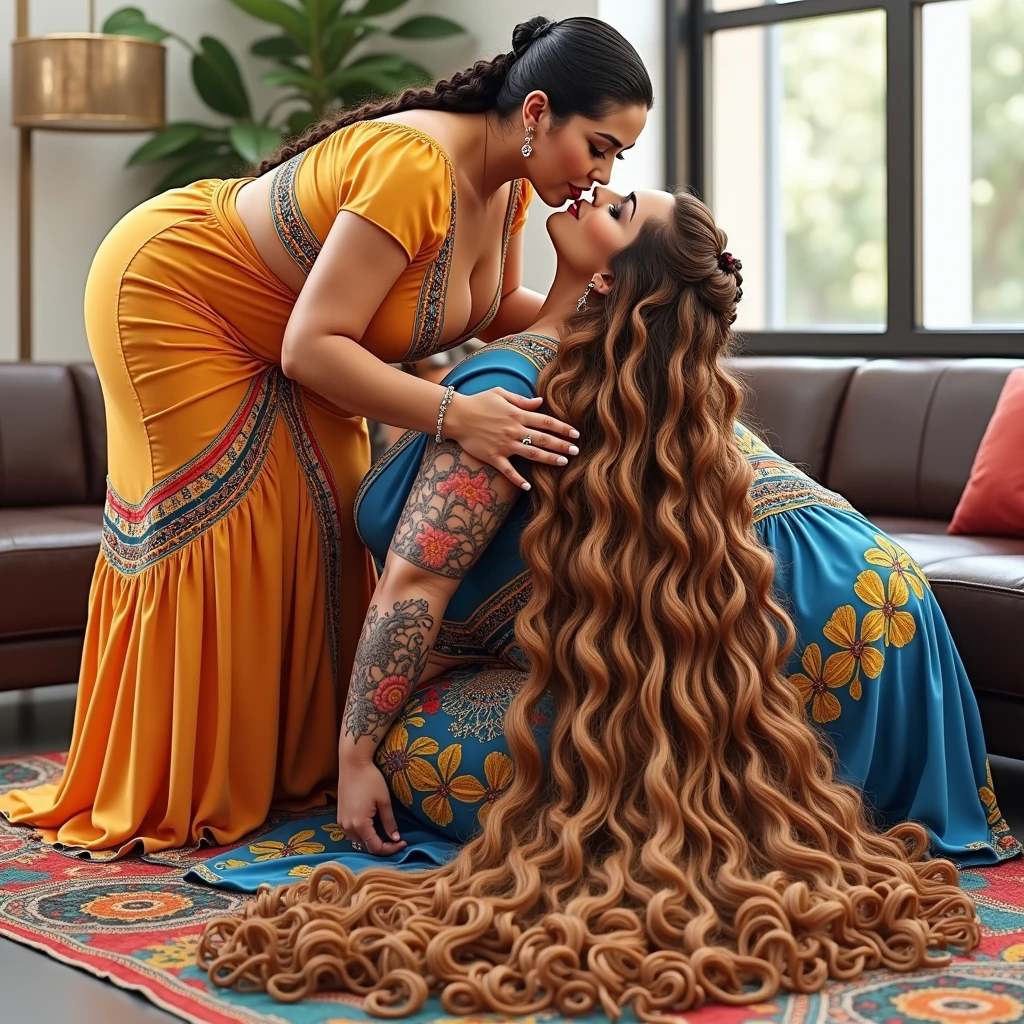 in luxerius office items sorrounded bright lighted modern mexican office,extra plus size two mexican mature ladies in mayan dress at mexican modern office rolling down to the floor from top of the desk,their long,3c curly slick back hair,flooded with 10 liters of hair oil in hair,kissing,like rapunzel eldery mexican lady' hairs color noodles,Flooded with 100 liters of oil over thier hair,hairs like oil pulp,hairlines are all together till the end,kneeled,bend over and hands on the ground,one lady kissing head scalp from behind keeping tongue out.Since they do this act,Other office ladies also got errected and playing with their huge breasts pressing them harder to show these two ladies.these all ladies are with dress exactly in as per image prompt,all of them,with their hairs respectively color for the ladies hairs in as per image prompt,their long,meticulaiursly colied until become perfection with shining spills and flows thriugh the floor,red lipsstick,natural tongues pulled out,These all ladies' faces are with showing full of sexual wildness showing out from their faces exact as in image prompt,Their eyes are fullfill with sexual wildness with raping hair as per the imahe prompt,(Show me their tongues,long tongues:1.0) styled with 100000 liters hair oil,hairs like viscus oiled pulp,slick combed hair lines highly visible,{{{{Ladies wears perfect dresses in perfectt busty}}}},{{{{{NSFW}}}}},{{{{{{Hairs highly soaked}}}}}},{{{slick combed hair lines}}}},{{{{Hairlines reflecting shinning like mirrors with water}},{{{{{Showcase full bodies perfect busty breast figures}}}}},{{{{{High resolution perfect color grading}}}}}},{{{Perfect hairs on all ladies exactly in image prompt}}}}}}},((((((((Generate ethnicity as indian sexy build ladies))))))))),((((((Generate wildness poses where shows the wildness of the sexually wildness and extremly extremly wildness in to hair licking by their tongues exatly as image prompt))))