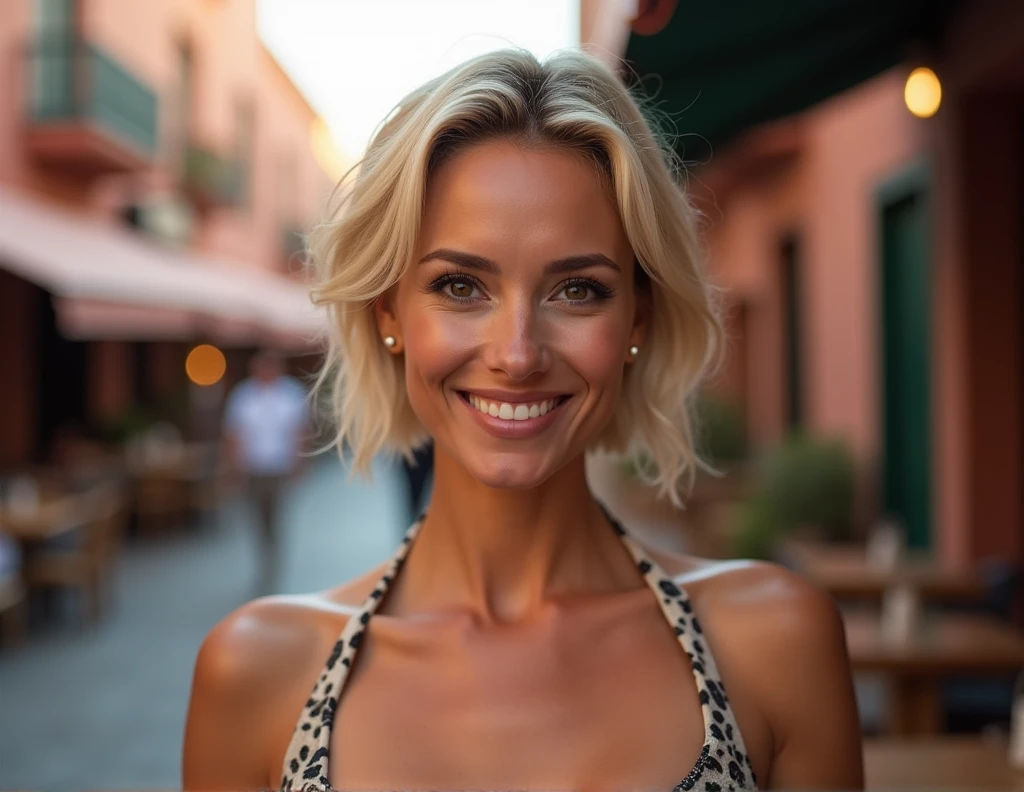 A captivating Caucasian woman with a radiant complexion and natural smile, aged 40. she has a few wrinkles and brown eyes. she's blonde, her cropped hair framing her heart-shaped face as she looks directly into the camera, her symmetrical eyes sparkling with warmth. big breasts. she has small curves. Soft ambient lighting accentuates the texture of her flawless skin, reminiscent of Sandra Bullock's porcelain doll features. She's standing on a busy street in Marrakech. In an elegant, sexy outfit. Half of her body should be visible