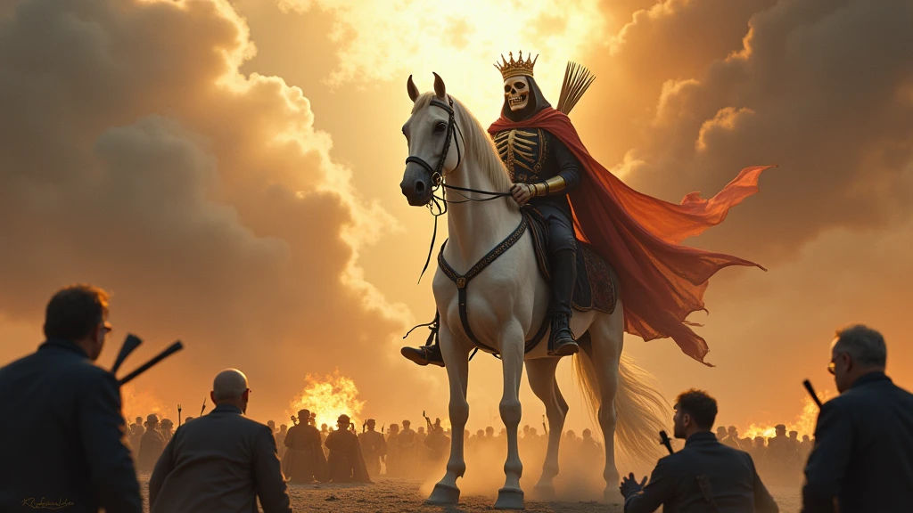 A CAPTIVATING CINEMATOGRAPHIC SCENE OF AN APOCALYPTIC DAY WHERE WORLD LEADERS ARE DESPERATELY CRYING AND KNEELING ON THE GROUND, IN THE HEAVENS A captivating celestial vision of a beautiful scene of a skull-faced apocalyptic horseman NEXT TO on a beautiful white horse, carrying a bow and a QUIVER OF ARROWS ON HIS BACK AND A CROWN ON HIS HEAD, a luxurious cloak hanging over his shoulders.