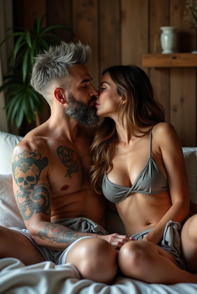 Realistic photography, long shot, full view, couple in love in bed, having breakfast, kissing, woman sitting on man&#39;s legs ,Handsome shaved grey haired man with short beard and skull tattoos , kissing a beautiful-faced Persian woman with long, light brown, wavy hair sitting on a man&#39;s lap, both dressed in underwear and pajamas in a rustic-style house 