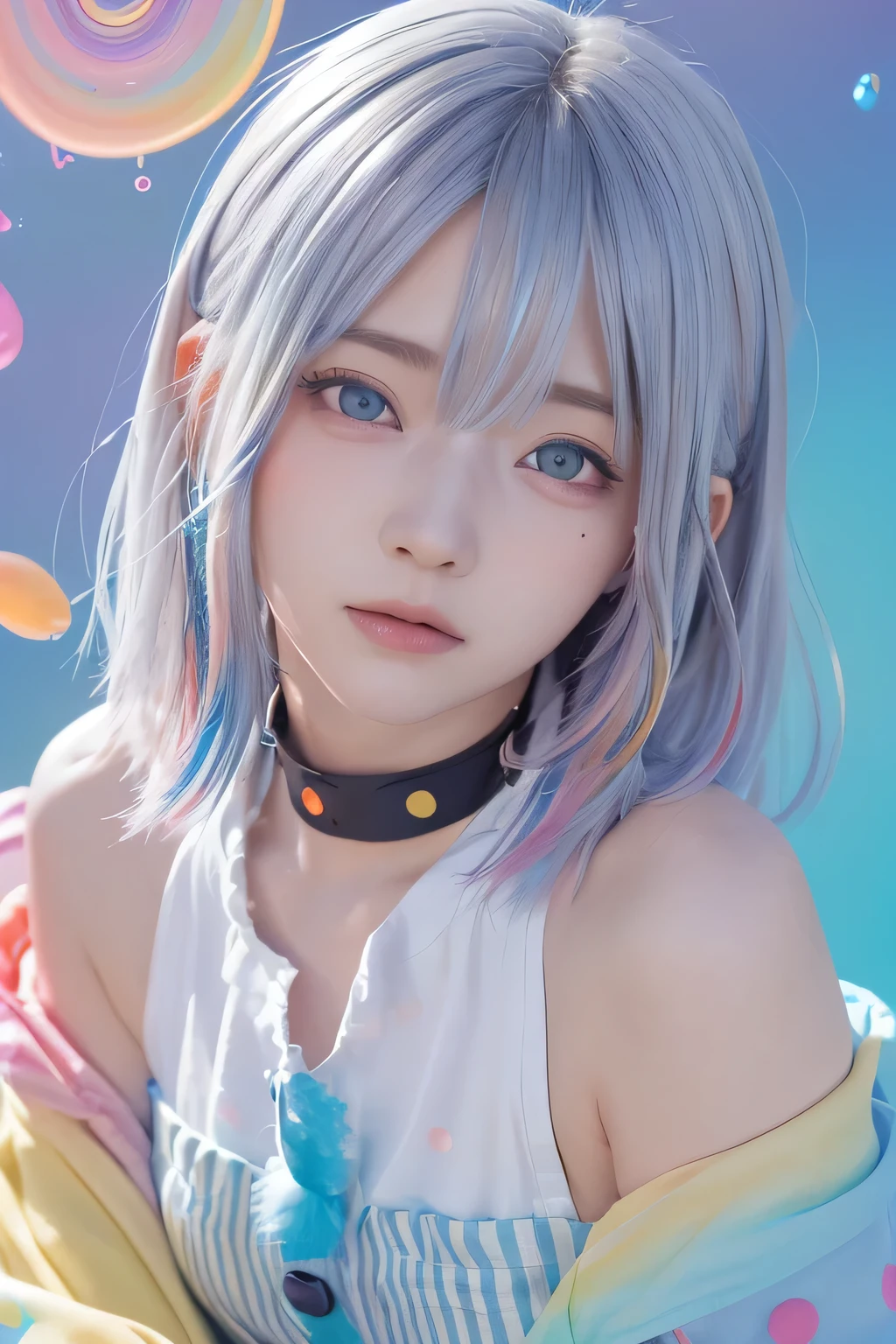 (8k、masterpiece、Highest quality、High resolution、Super Resolution、Very detailed、best quality、ultra detailed)、(detailed skin、detailed face)、 (Upper shot close-up)、solo、(Dynamic Angle), ((floating)),(paint),((Disheveled Hair)), (alone),(One girl), ((small_chest)), (((Detailed anima face))),((Beautifully detailed face)),collar,Exposing shoulders,  Gray Hair, ((Colorful Hair)),((Striped Hair)), Beautiful attention to detail,(Gradient color eyes),(((Colorful eyes))), (((Colorful background))),(((High saturation))),(((Surrounded by colorful splashes))),(((Surrounded by colorful dots))),Colorful Bubbles,((The Shining))