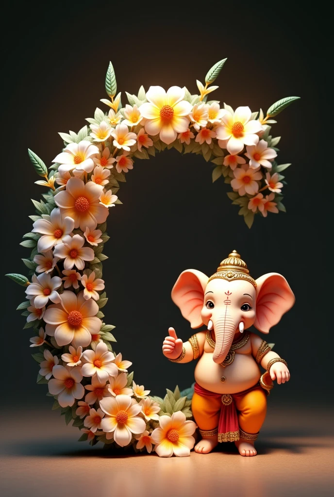 A cute, Lord Ganesh, standing next to a large, black letter “C” adorned with white and orange flowers. The background is simple dark, and the lighting is soft and warm. full hd quality picture, 32k quality images.