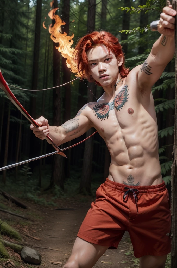 Boy, ager, hair on fire, indigenous, bow and arrow, forest, Red eyes, Fire, Red hair, Body with tattoo, red eyes, hair on fire,