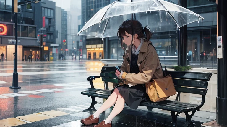 At a city bus stop、Please draw a woman sheltering from the rain.。Woman sitting on a bench、They are avoiding the rain and waiting for the next bus.。In the background、Wet glass of a building and people々The figure of someone walking by in a hurry is depicted.、Make it feel like a busy rainy day in the city。