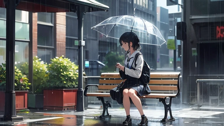 At a city bus stop、Please draw a woman sheltering from the rain.。Woman sitting on a bench、They are avoiding the rain and waiting for the next bus.。In the background、Wet glass of a building and people々The figure of someone walking by in a hurry is depicted.、Make it feel like a busy rainy day in the city。
