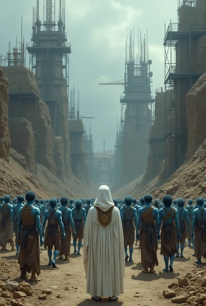 A labor camp where 8-foot-tall, lion-tailed blue men in slave clothing work in construction and mining while black men whip the blue men to make them faster., while the white man in Egyptian clothes 