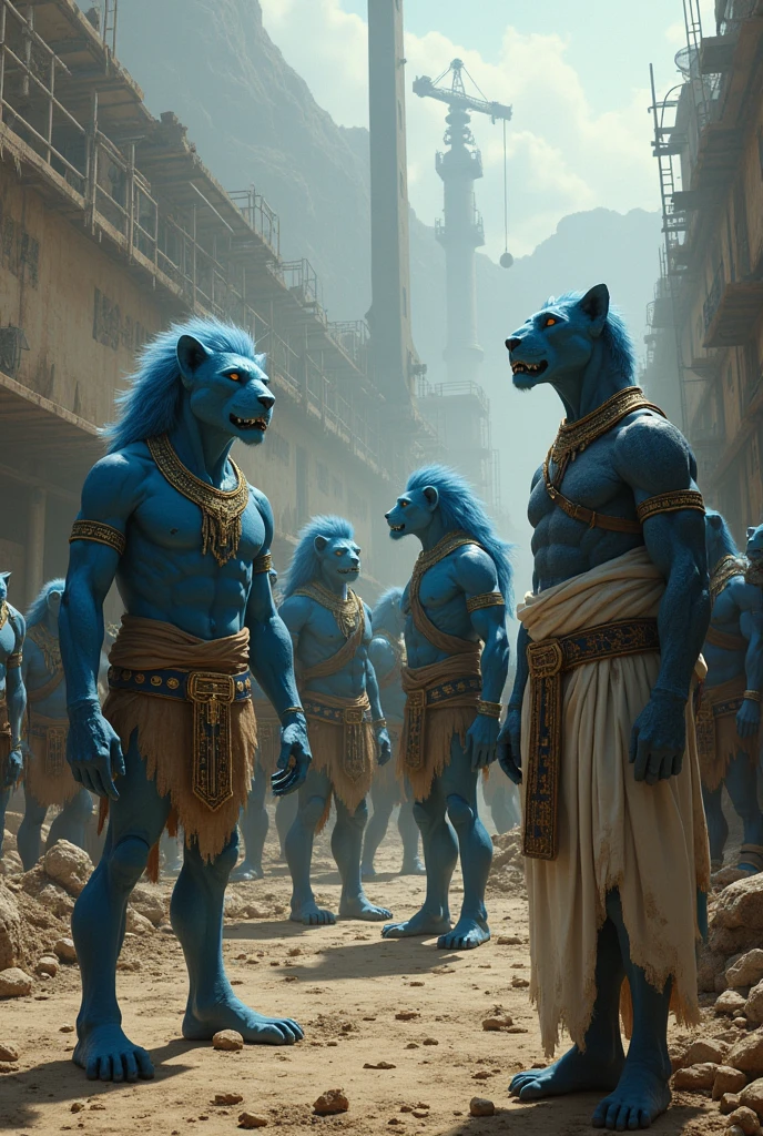 A labor camp where 8-foot-tall blue men with lion tails and human appearance in slave clothing work in construction and mining while black men whip the blue men to speed them up., while the white man in Egyptian clothes
