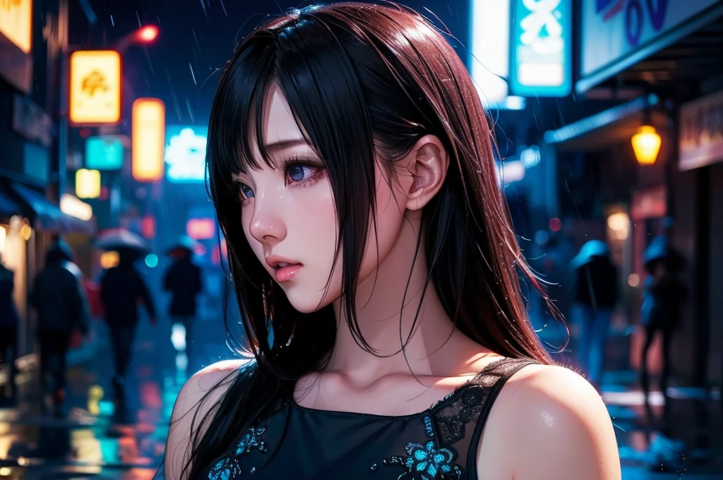 1 girl, black  dress, Best Illustrations, Blue LED light, high tech, Ultra-high resolution, 32K, (detailed:1.4), Cyberpunk City Background, Rainy Street, Beautiful Face, Professional Lighting, masterpiece, Very delicate and beautiful, Professional photos, ((Upper body shot)),