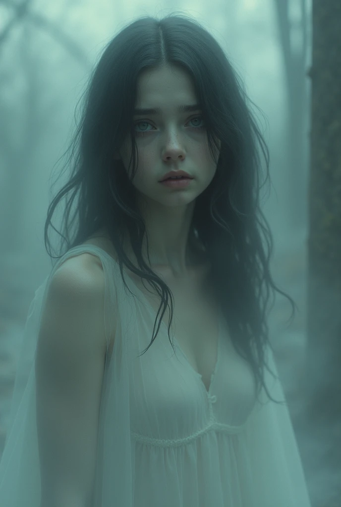 The ghostly girl should have an expression of sadness or desperation, and there should be a faint,