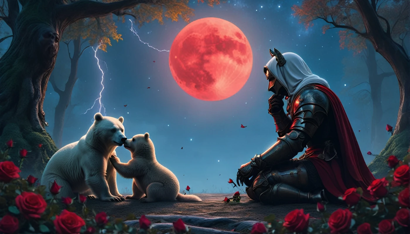 Male knight with a white hood with bear ears and a sword behind his back sits on the ground towards a baby polar bear and a baby brown bear in a forest while the moon shines, many Roses cover the ground and lightning falls from the sky. The baby polar bear plays with the baby brown bear while the knight enjoys watching them. Only the man wears a red blindfold. In the background of the picture is the blood moon and a tree has fallen down in the path. The forest is full of trees with leaves. The armor of the man is black and red roses decorate it. The sky is full of stars. The knight is thoughtfully touching his face.