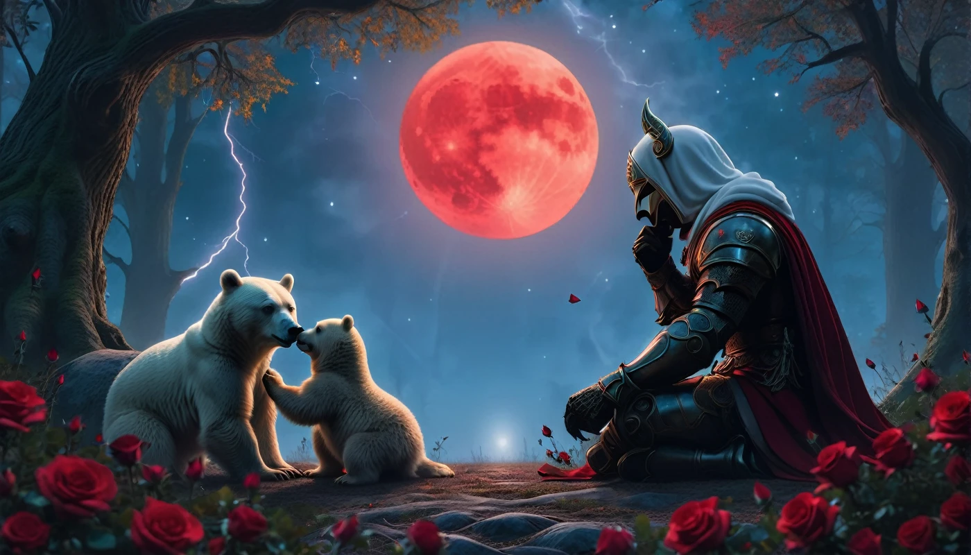 Male knight with a white hood with bear ears and a sword behind his back sits on the ground towards a baby polar bear and a baby brown bear in a forest while the moon shines, many Roses cover the ground and lightning falls from the sky. The baby polar bear plays with the baby brown bear while the knight enjoys watching them. Only the man wears a red blindfold. In the background of the picture is the blood moon and a tree has fallen down in the path. The forest is full of trees with leaves. The armor of the man is black and red roses decorate it. The sky is full of stars. The knight is thoughtfully touching his face.