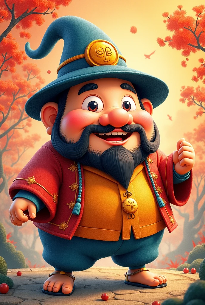 Draw a cartoon version of Zhong Kui with crayons,He should wear a hat.,It has the meaning of attracting wealth and fortune
