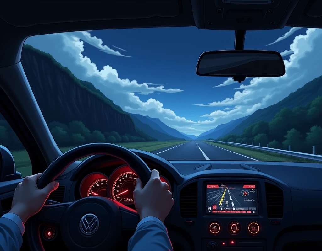 Interior of a car, the night with the cloudy sky, a road with a cliff on the left side as seen through the windshield, in anime style